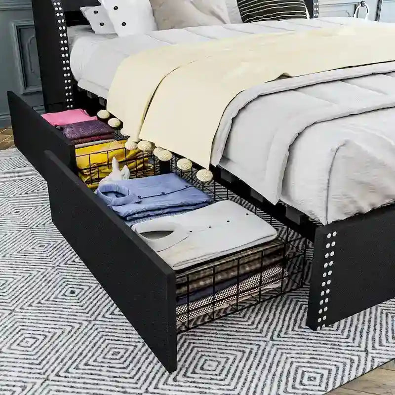 Black & Grey Velvet Tufted Wingback Bed Frame with Storage & Charging, Full/Queen, 2-Person