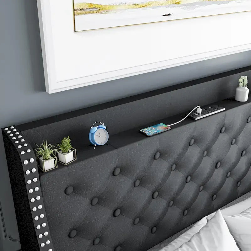 Black & Grey Velvet Tufted Wingback Bed Frame with Storage & Charging, Full/Queen, 2-Person
