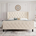 Black & Grey Velvet Tufted Wingback Bed Frame with Storage & Charging, Full/Queen, 2-Person