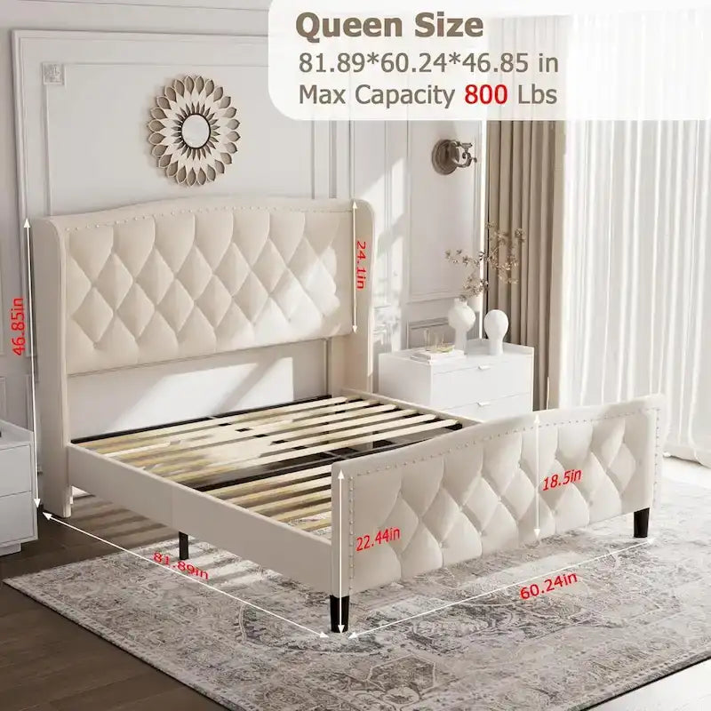 Black & Grey Velvet Tufted Wingback Bed Frame with Storage & Charging, Full/Queen, 2-Person