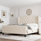 Black & Grey Velvet Tufted Wingback Bed Frame with Storage & Charging, Full/Queen, 2-Person