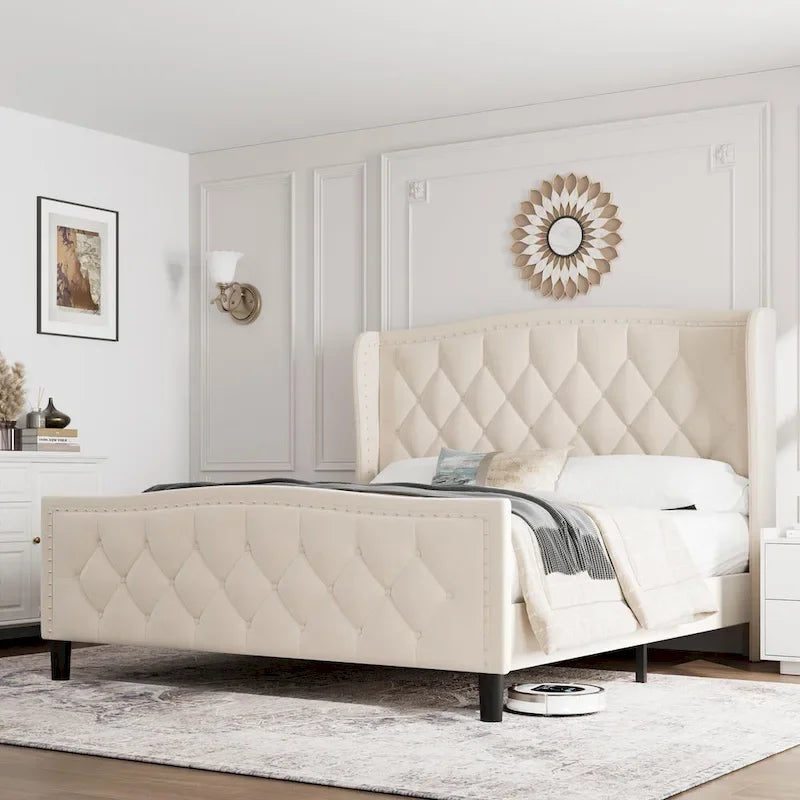 Black & Grey Velvet Tufted Wingback Bed Frame with Storage & Charging, Full/Queen, 2-Person
