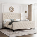 Black & Grey Velvet Tufted Wingback Bed Frame with Storage & Charging, Full/Queen, 2-Person
