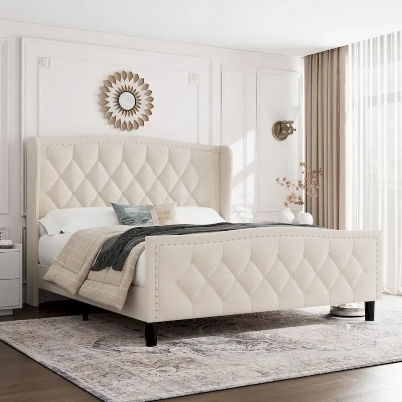 Black & Grey Velvet Tufted Wingback Bed Frame with Storage & Charging, Full/Queen, 2-Person