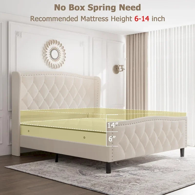 Black & Grey Velvet Tufted Wingback Bed Frame with Storage & Charging, Full/Queen, 2-Person