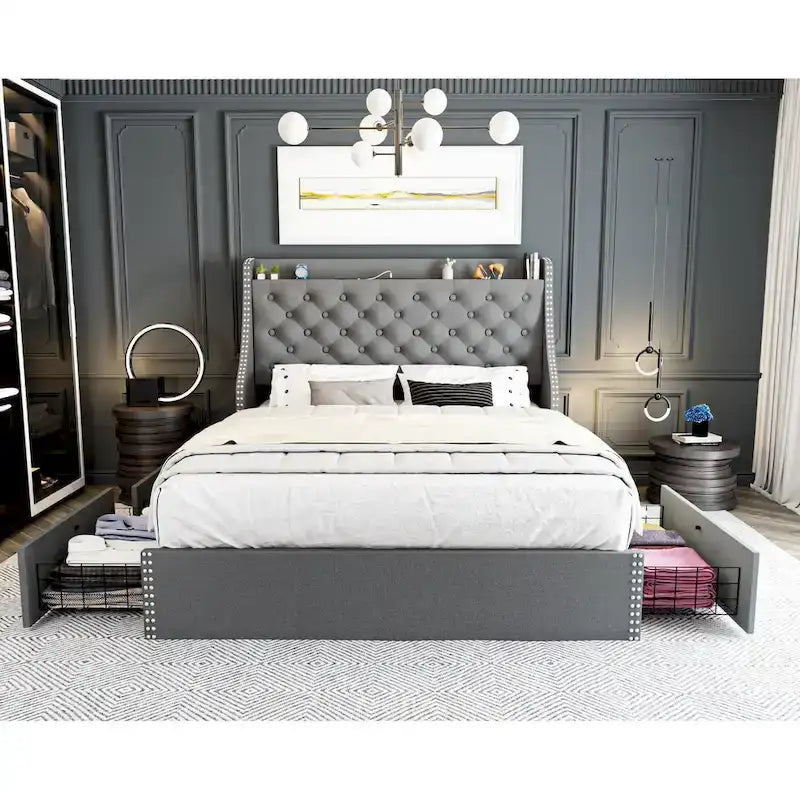 Black & Grey Velvet Tufted Wingback Bed Frame with Storage & Charging, Full/Queen, 2-Person