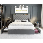 Black & Grey Velvet Tufted Wingback Bed Frame with Storage & Charging, Full/Queen, 2-Person