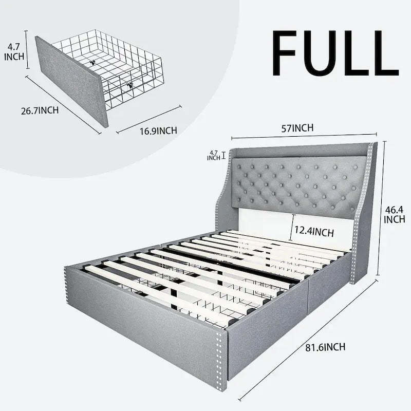 Black & Grey Velvet Tufted Wingback Bed Frame with Storage & Charging, Full/Queen, 2-Person