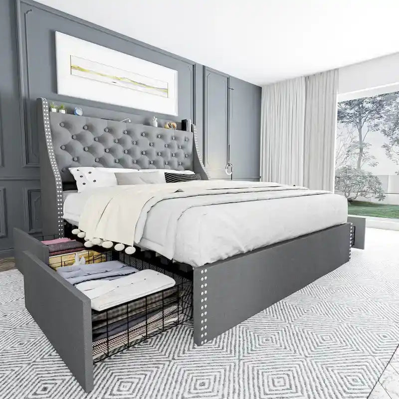 Black & Grey Velvet Tufted Wingback Bed Frame with Storage & Charging, Full/Queen, 2-Person