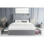 Black & Grey Velvet Tufted Wingback Bed Frame with Storage & Charging, Full/Queen, 2-Person