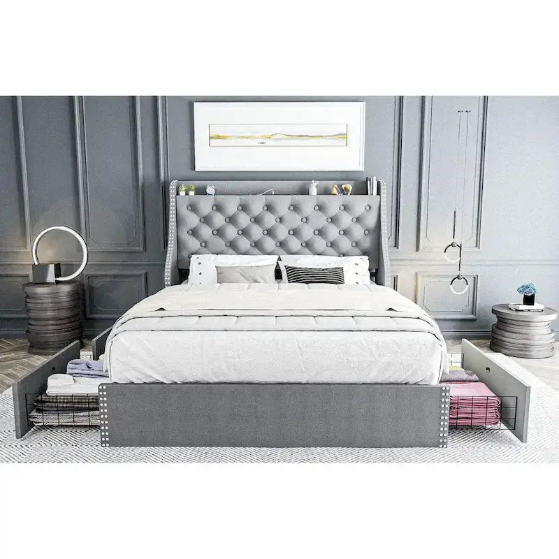 Black & Grey Velvet Tufted Wingback Bed Frame with Storage & Charging, Full/Queen, 2-Person