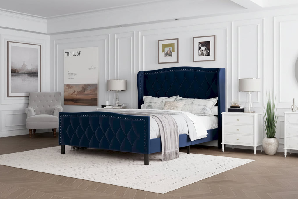 Black & Grey Velvet Tufted Wingback Bed Frame with Storage & Charging, Full/Queen, 2-Person