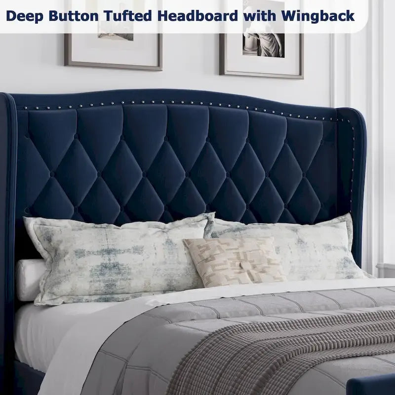 Black & Grey Velvet Tufted Wingback Bed Frame with Storage & Charging, Full/Queen, 2-Person
