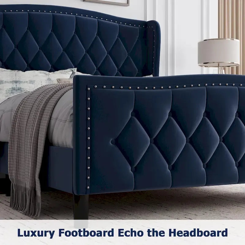 Black & Grey Velvet Tufted Wingback Bed Frame with Storage & Charging, Full/Queen, 2-Person