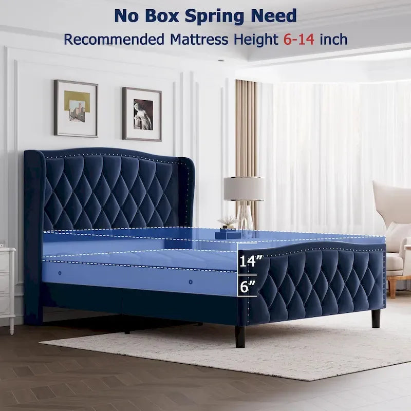 Black & Grey Velvet Tufted Wingback Bed Frame with Storage & Charging, Full/Queen, 2-Person