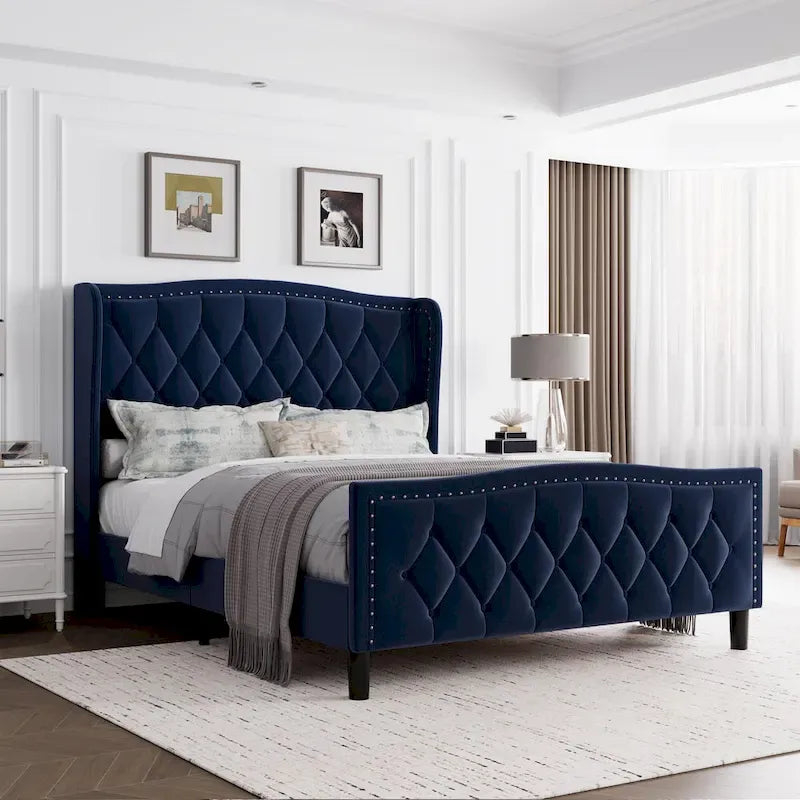 Black & Grey Velvet Tufted Wingback Bed Frame with Storage & Charging, Full/Queen, 2-Person