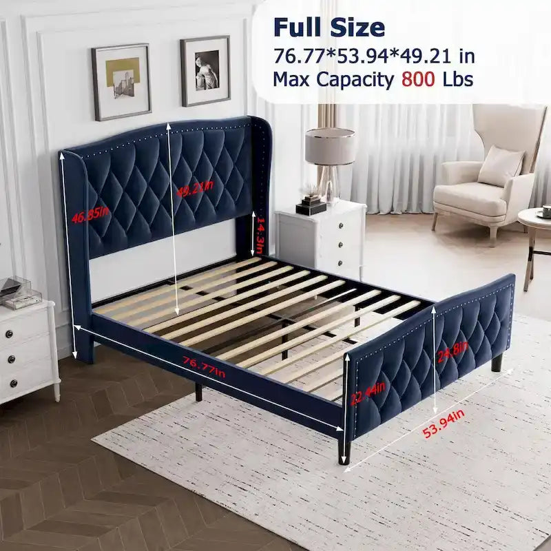 Black & Grey Velvet Tufted Wingback Bed Frame with Storage & Charging, Full/Queen, 2-Person