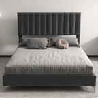 Gray Velvet Upholstered Bed Frame with Adjustable Headboard, Full/Queen, 2-Person