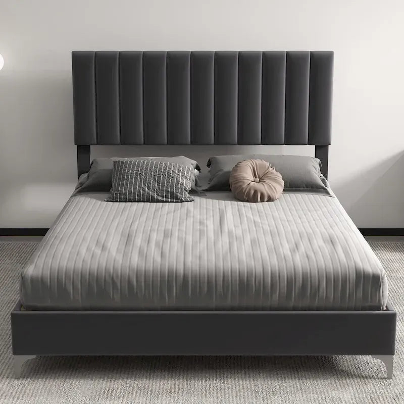 Gray Velvet Upholstered Bed Frame with Adjustable Headboard, Full/Queen, 2-Person