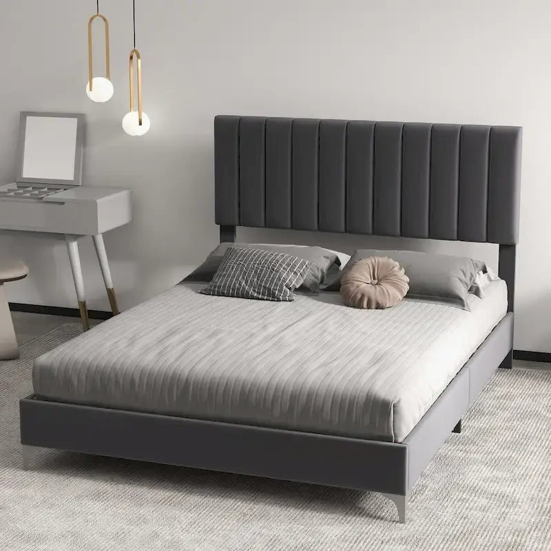 Gray Velvet Upholstered Bed Frame with Adjustable Headboard, Full/Queen, 2-Person