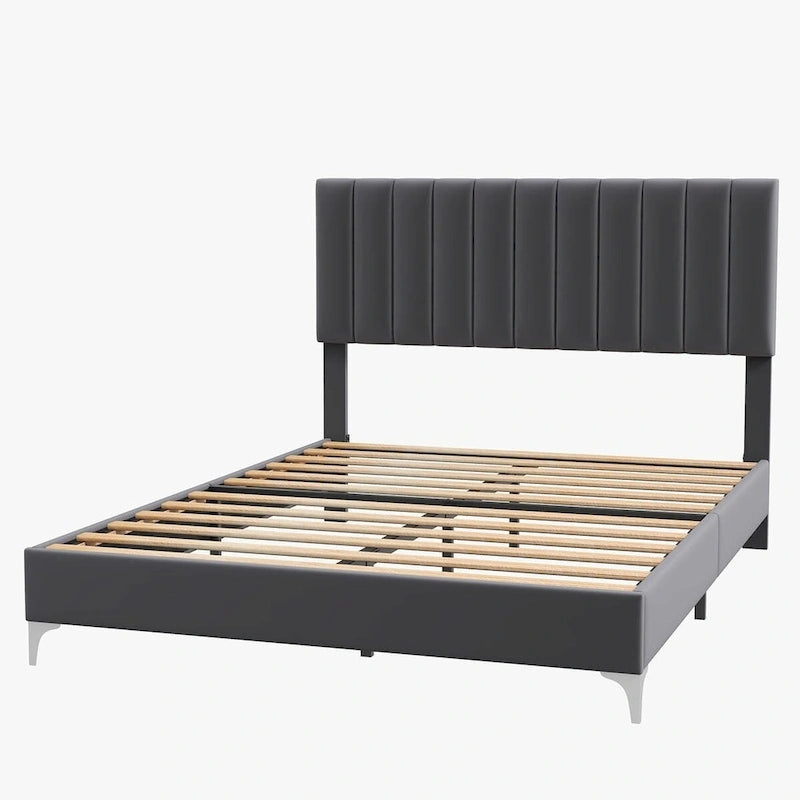 Gray Velvet Upholstered Bed Frame with Adjustable Headboard, Full/Queen, 2-Person