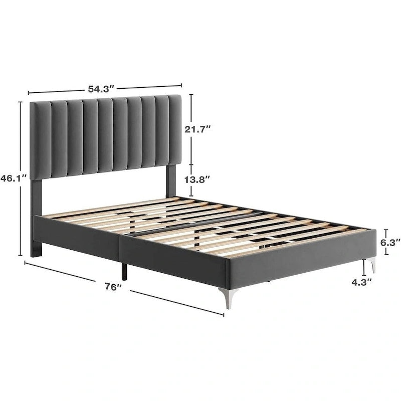 Gray Velvet Upholstered Bed Frame with Adjustable Headboard, Full/Queen, 2-Person