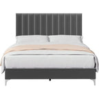 Gray Velvet Upholstered Bed Frame with Adjustable Headboard, Full/Queen, 2-Person
