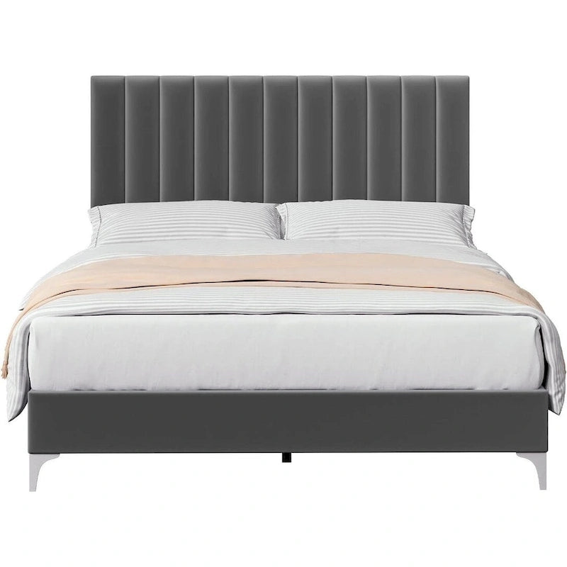 Gray Velvet Upholstered Bed Frame with Adjustable Headboard, Full/Queen, 2-Person