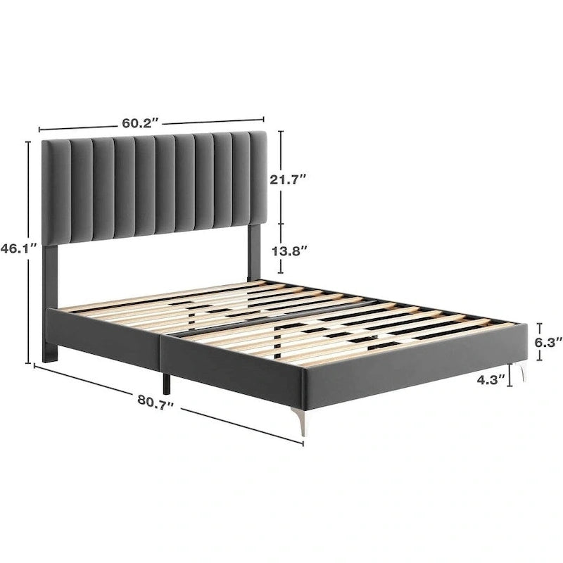 Gray Velvet Upholstered Bed Frame with Adjustable Headboard, Full/Queen, 2-Person