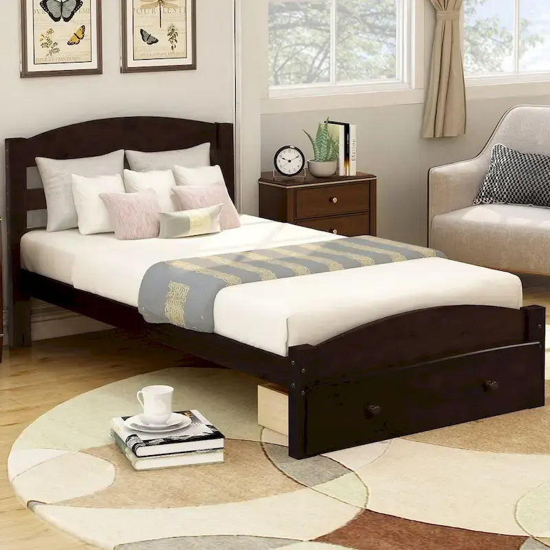 Twin Platform Bed Frame with Storage Drawer, for 1