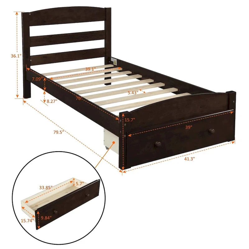 Twin Platform Bed Frame with Storage Drawer, for 1