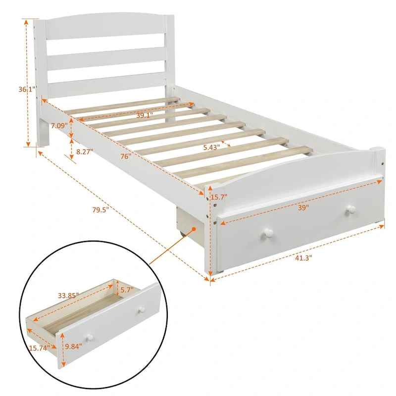 Twin Platform Bed Frame with Storage Drawer, for 1