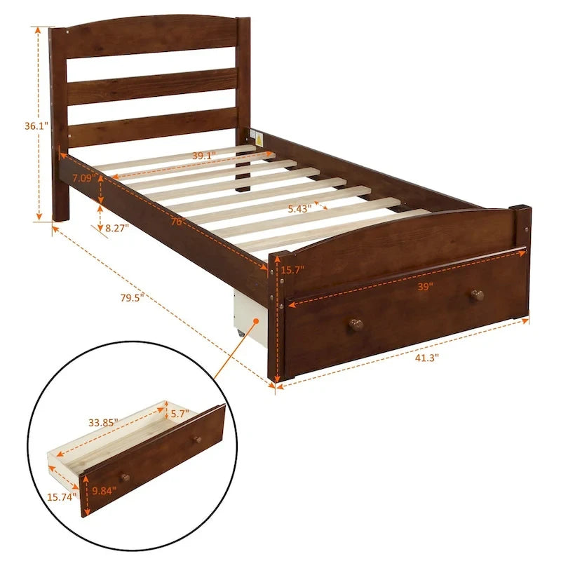Twin Platform Bed Frame with Storage Drawer, for 1