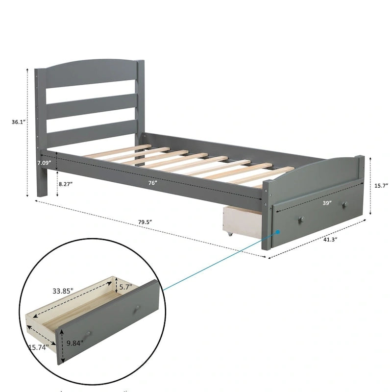 Twin Platform Bed Frame with Storage Drawer, for 1