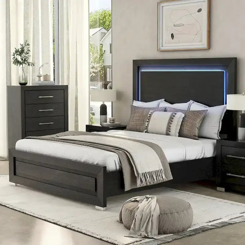 Black Modern King Bedroom Set with LED Headboard, 6-Piece