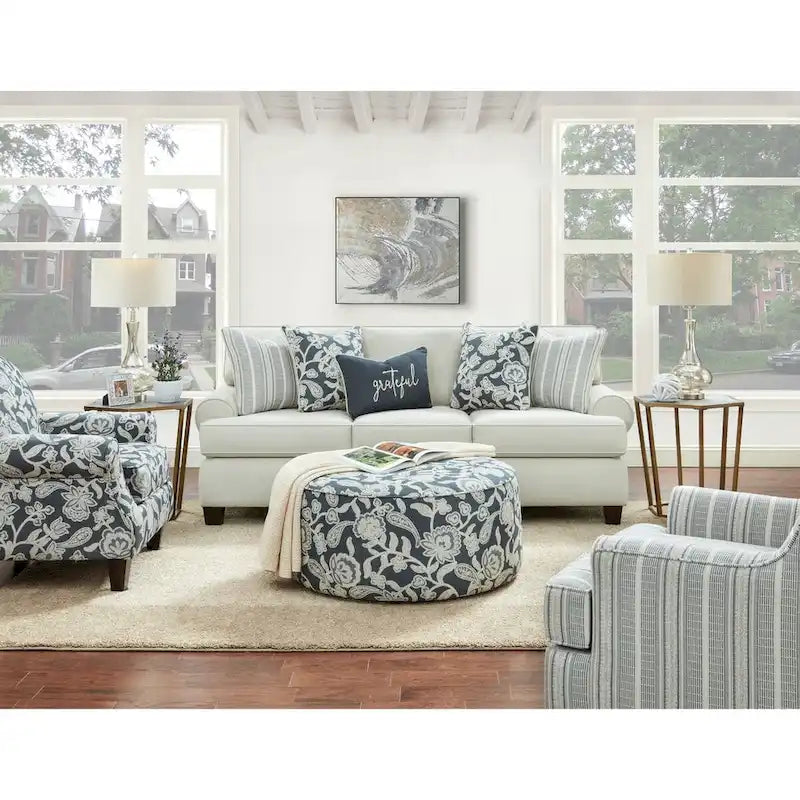 Cream Round Arm Stationary Sofa, 3-Seater