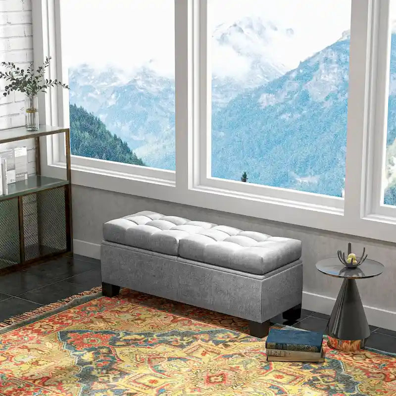 Gray Tufted Storage Bench with Safety Hinges – 2-Person