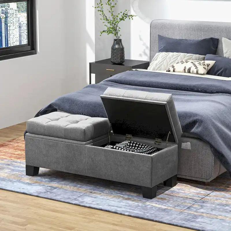 Gray Tufted Storage Bench with Safety Hinges – 2-Person