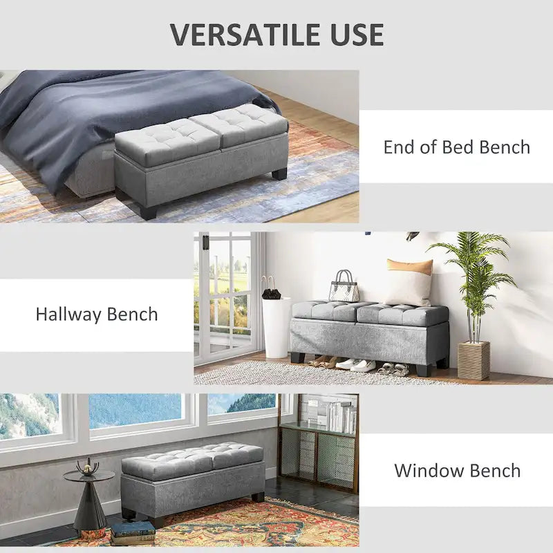 Gray Tufted Storage Bench with Safety Hinges – 2-Person