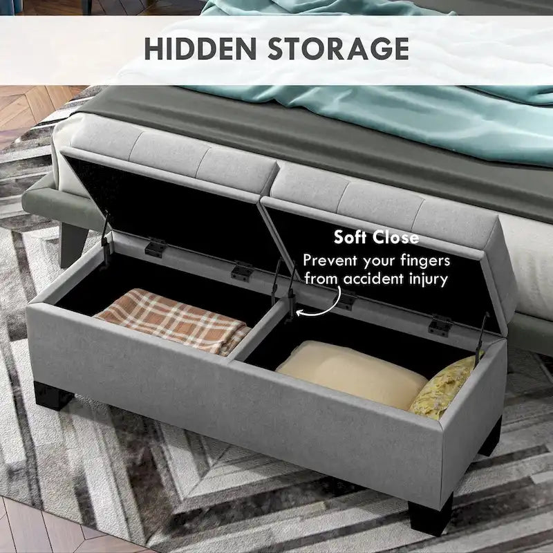 Gray Tufted Storage Bench with Safety Hinges – 2-Person