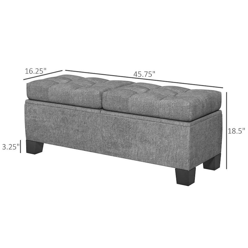 Gray Tufted Storage Bench with Safety Hinges – 2-Person
