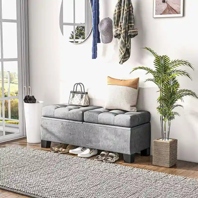 Gray Tufted Storage Bench with Safety Hinges – 2-Person