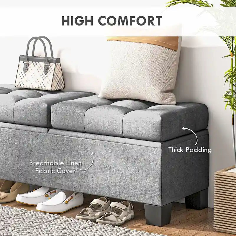Gray Tufted Storage Bench with Safety Hinges – 2-Person