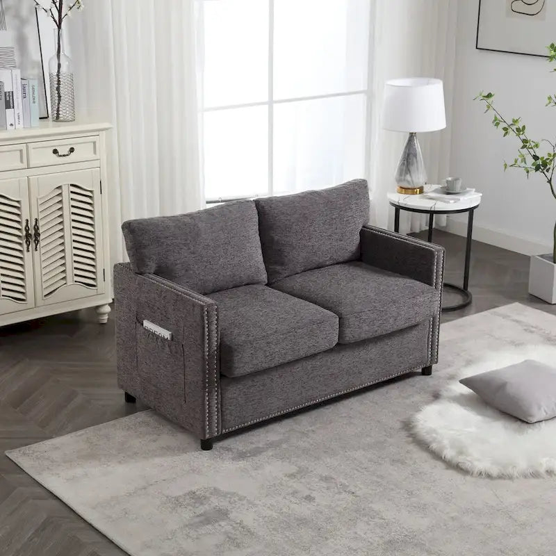 Grey / Beige Chenille Loveseat Sofa, 2-Seat