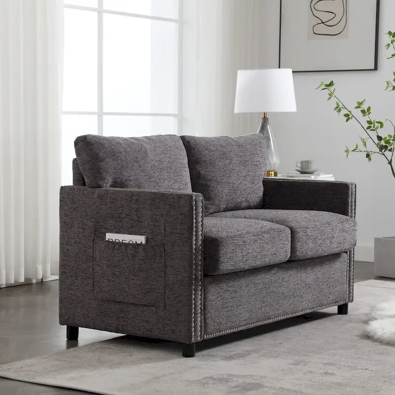 Grey / Beige Chenille Loveseat Sofa, 2-Seat