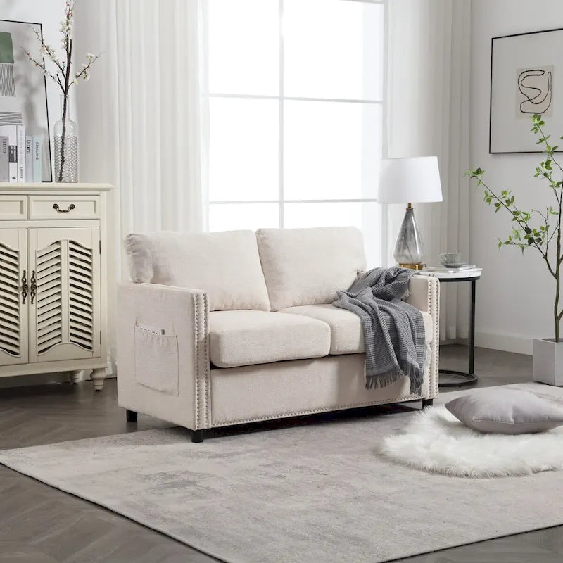 Grey / Beige Chenille Loveseat Sofa, 2-Seat