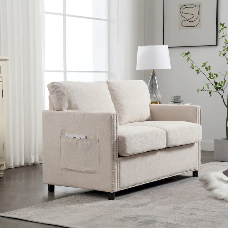 Grey / Beige Chenille Loveseat Sofa, 2-Seat