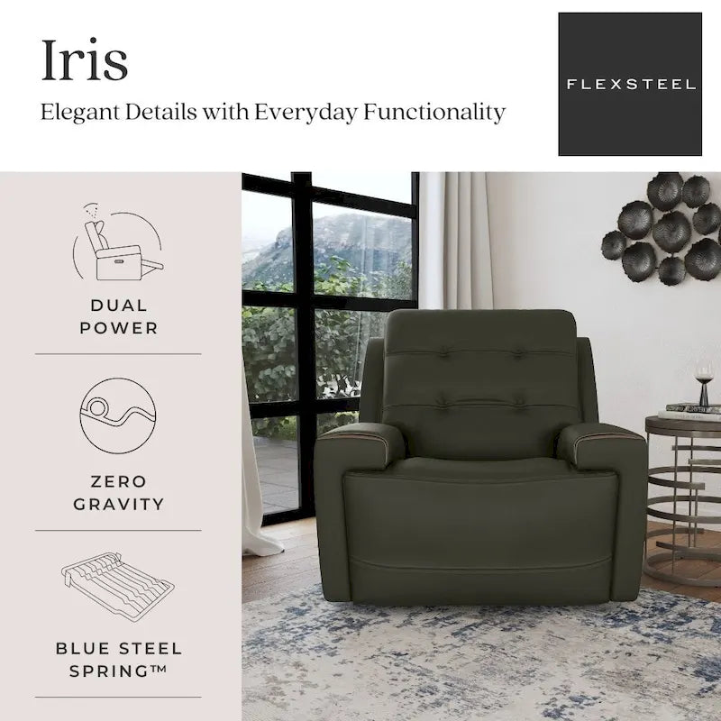 Charcoal / Khaki Power Recliner with Adjustable Headrest, Single Seat