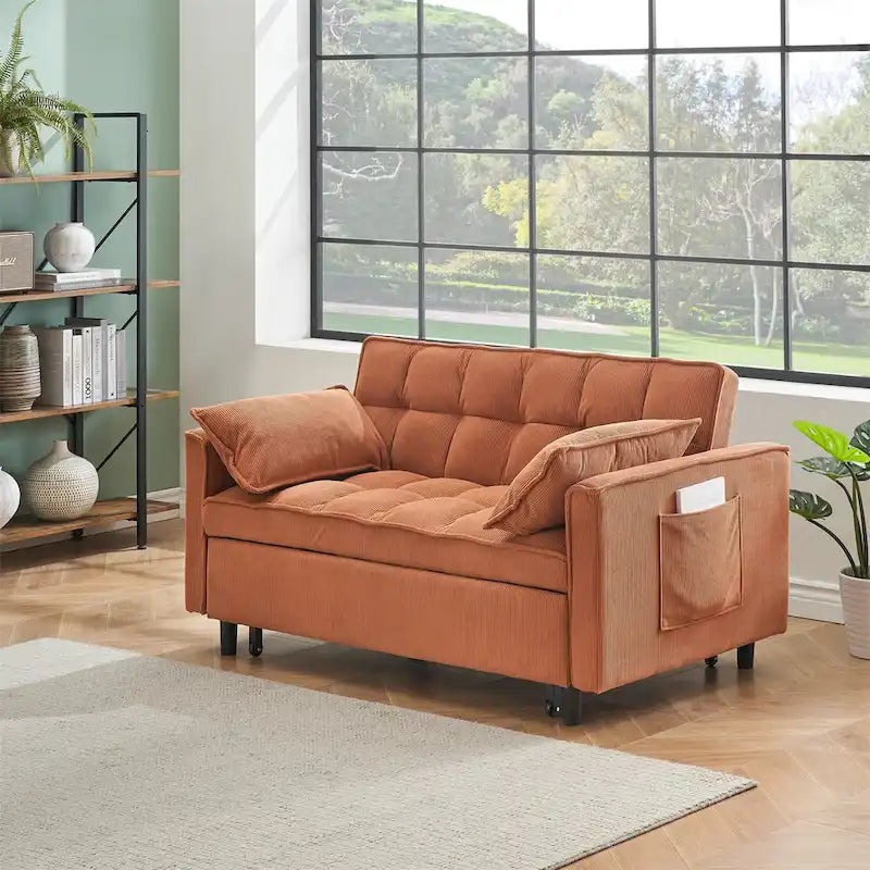 Beige / Pink / Orange / Grey Corduroy Loveseat Sofa Bed with Adjustable Back, 2-Seater
