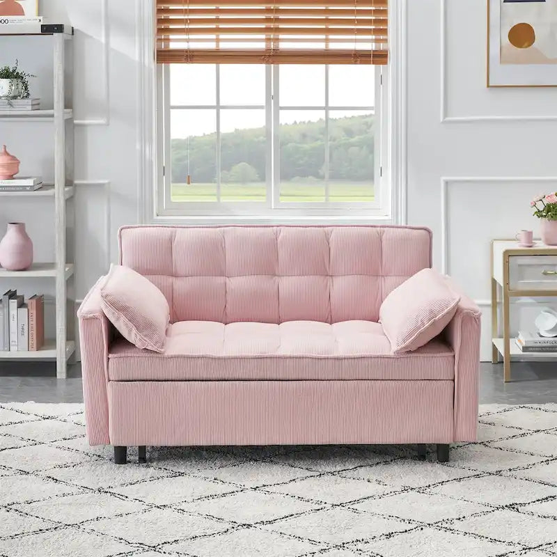 Beige / Pink / Orange / Grey Corduroy Loveseat Sofa Bed with Adjustable Back, 2-Seater